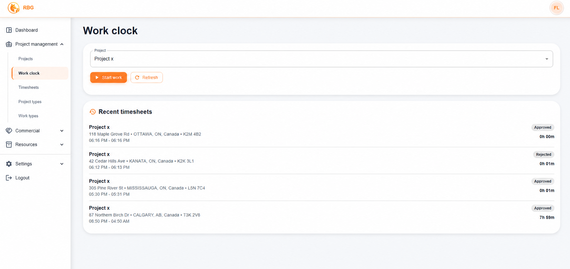 FLN Track timesheets screen screenshot